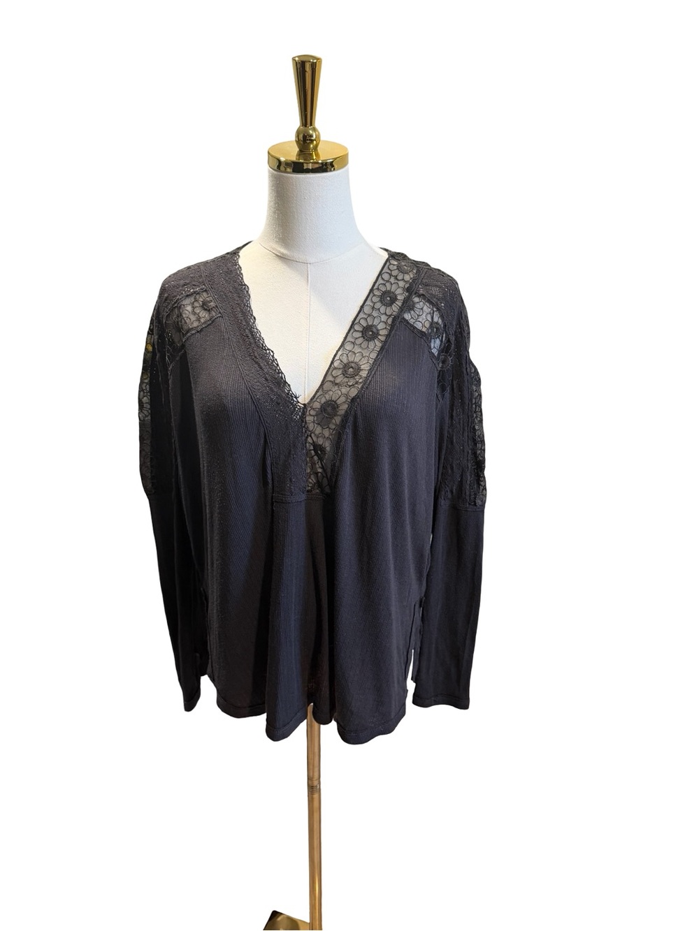 Free People Black Lace-Inset V-Neck Blouse